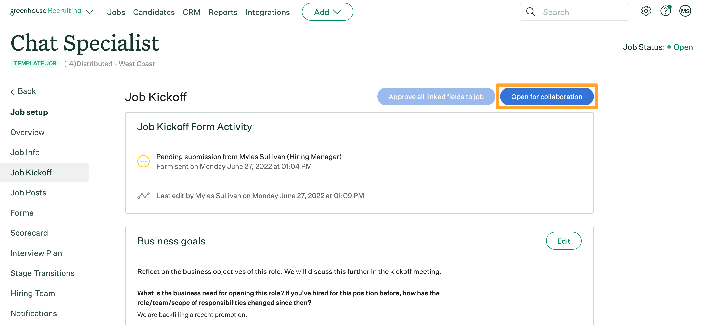 Screenshot of job kickoff form > open for collaboration