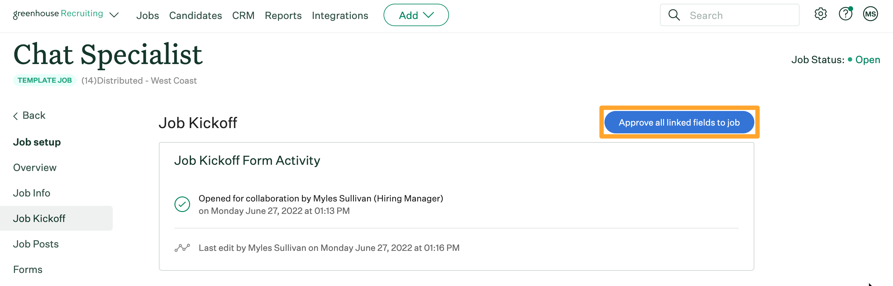 Screenshot of approved linked fields to job on job kickoff form