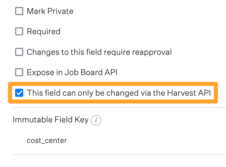 An example custom job field is configured with a check by this field can only be edited via Harvest API