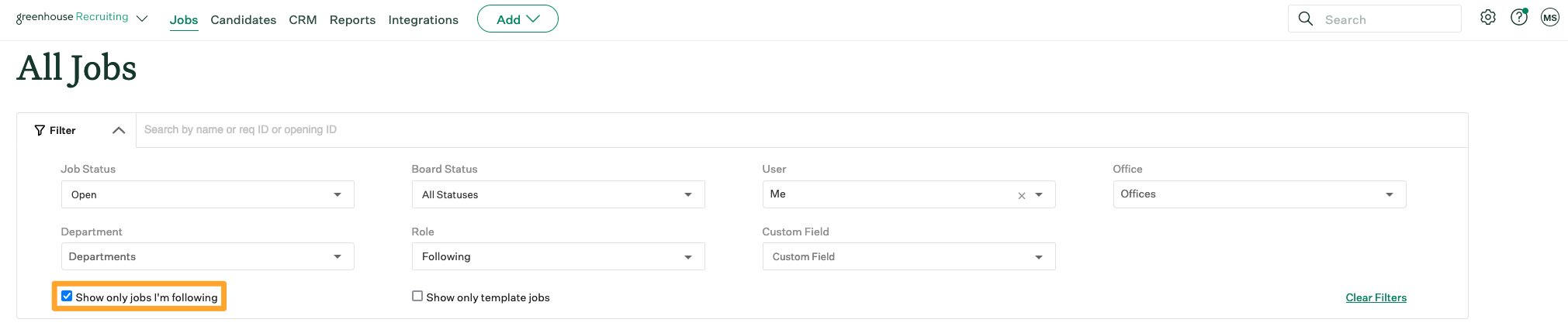 Screenshot of show only jobs I'm following checked