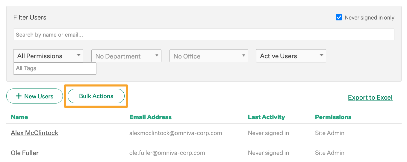 Screenshot of bulk actions button 