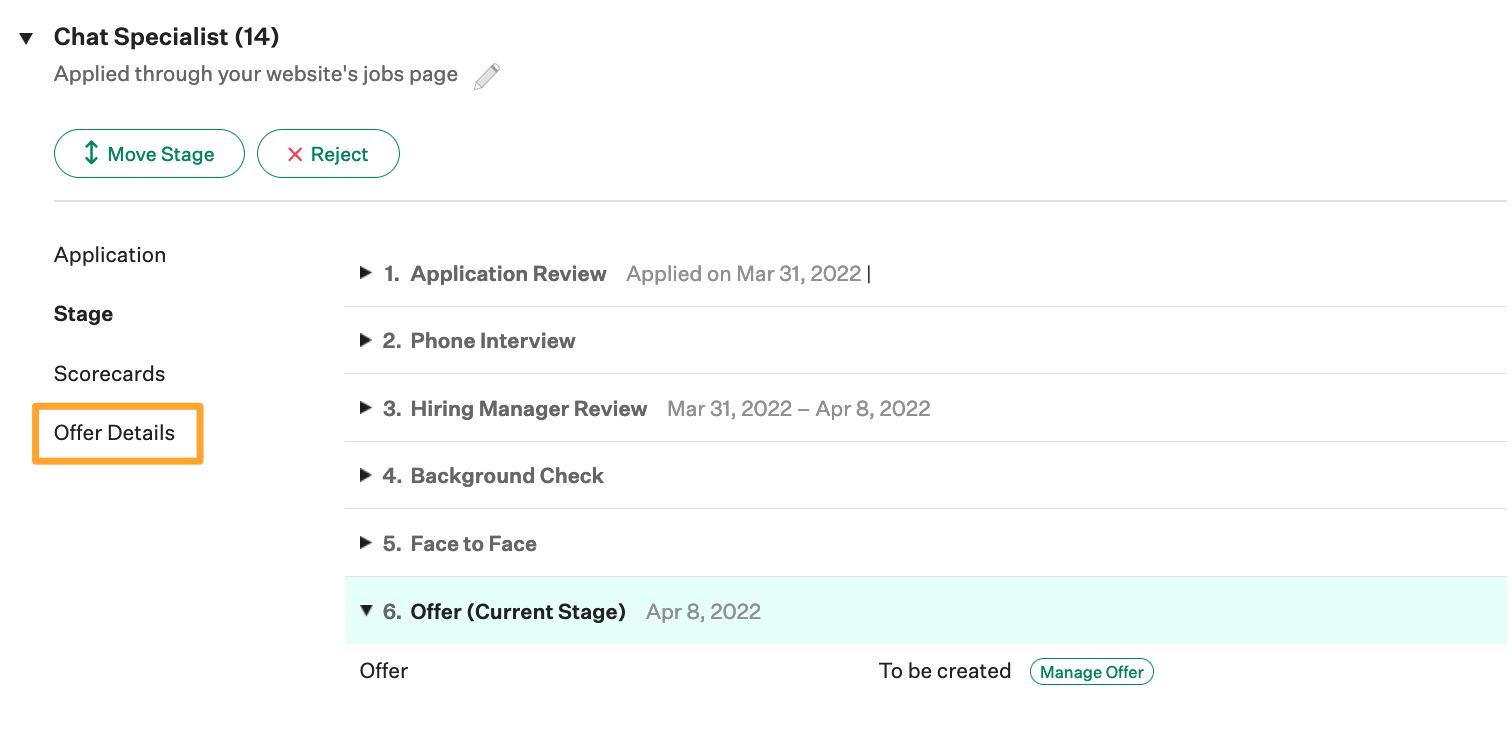 Screenshot of Offer Details tab on a candidate profile