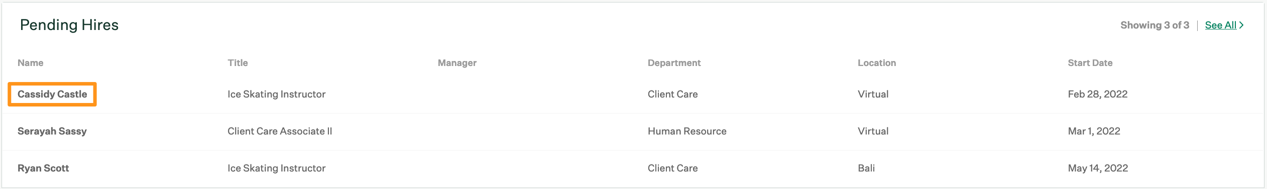 Screenshot  of  the  pending  hires  section.  