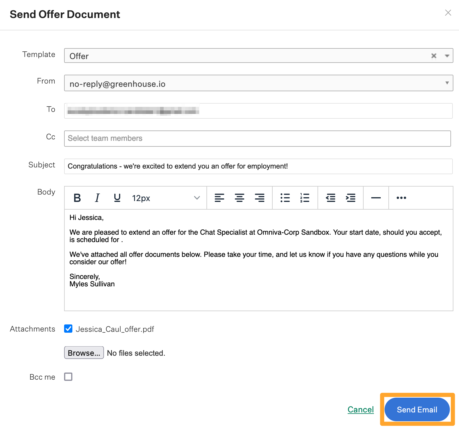 Screenshot of send offer letter box