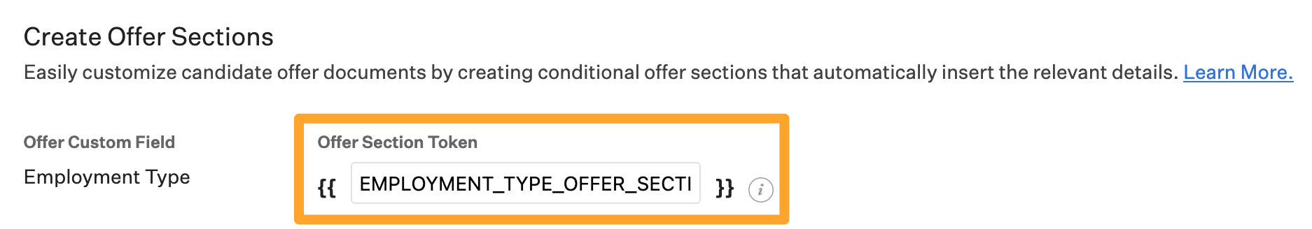 Screenshot of edit an offer section token