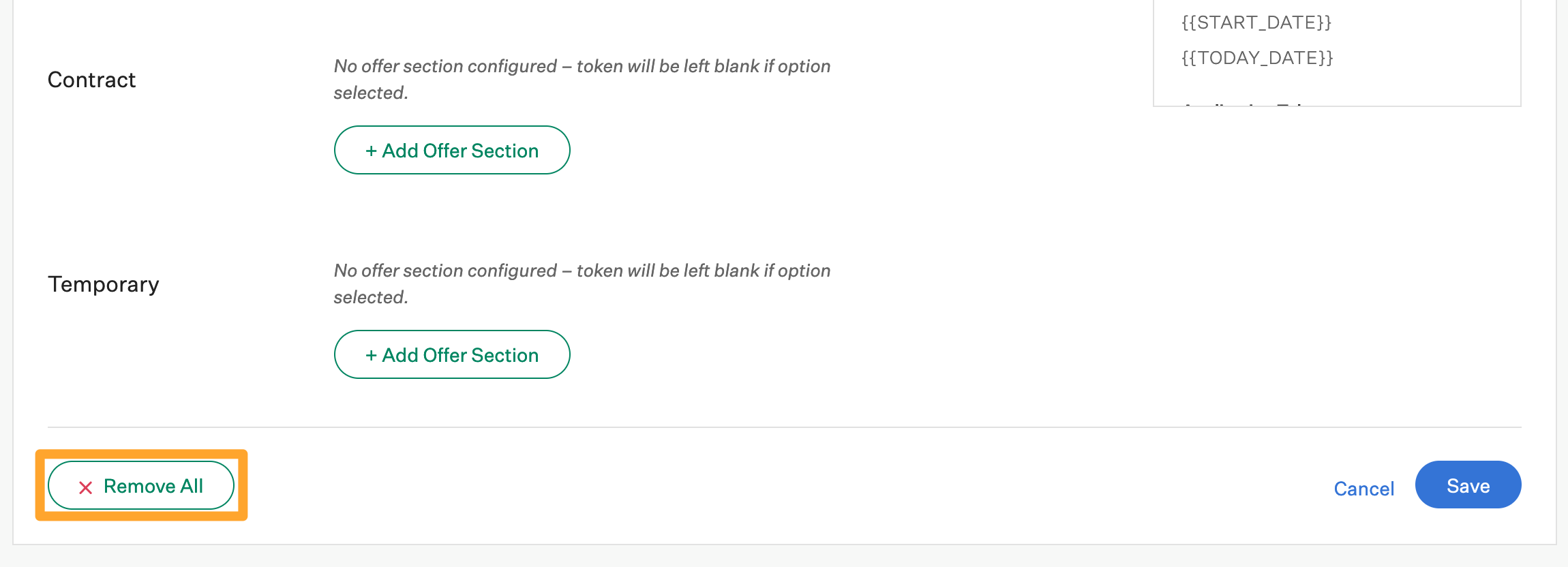 Screenshot of remove all offer sections