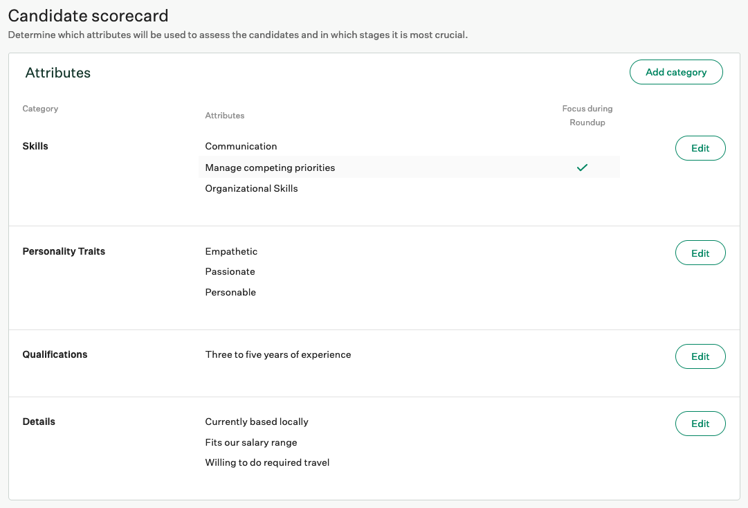 Screenshot of example scorecard attributes