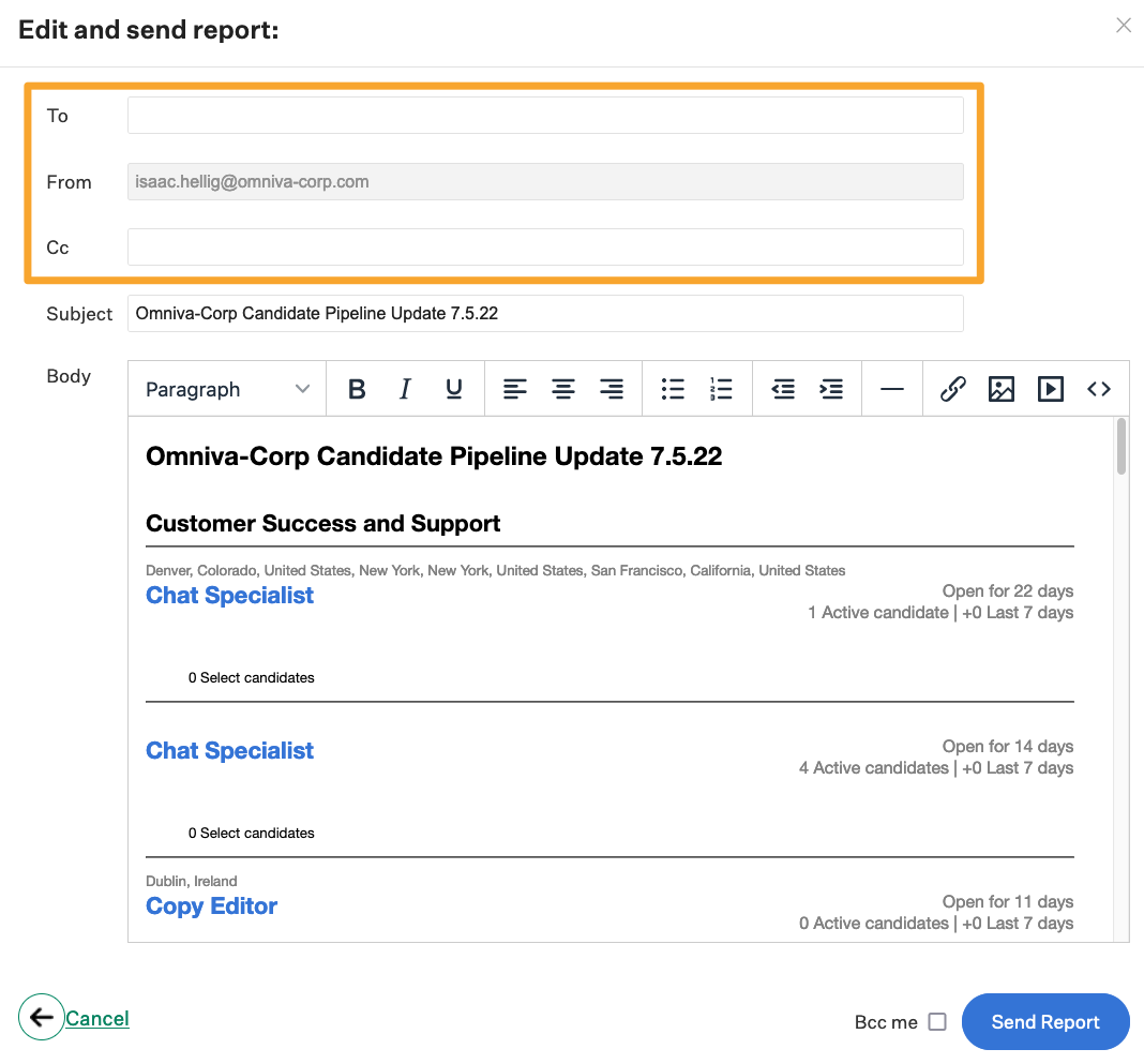 Screenshot of candidate pipeline report to field 