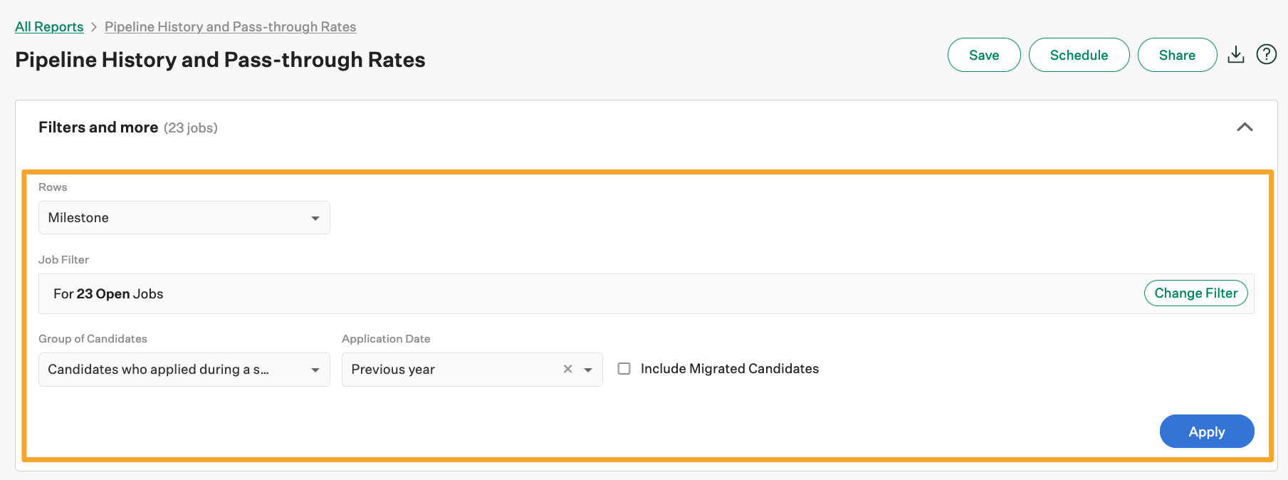 Screenshot of pipeline history filters 