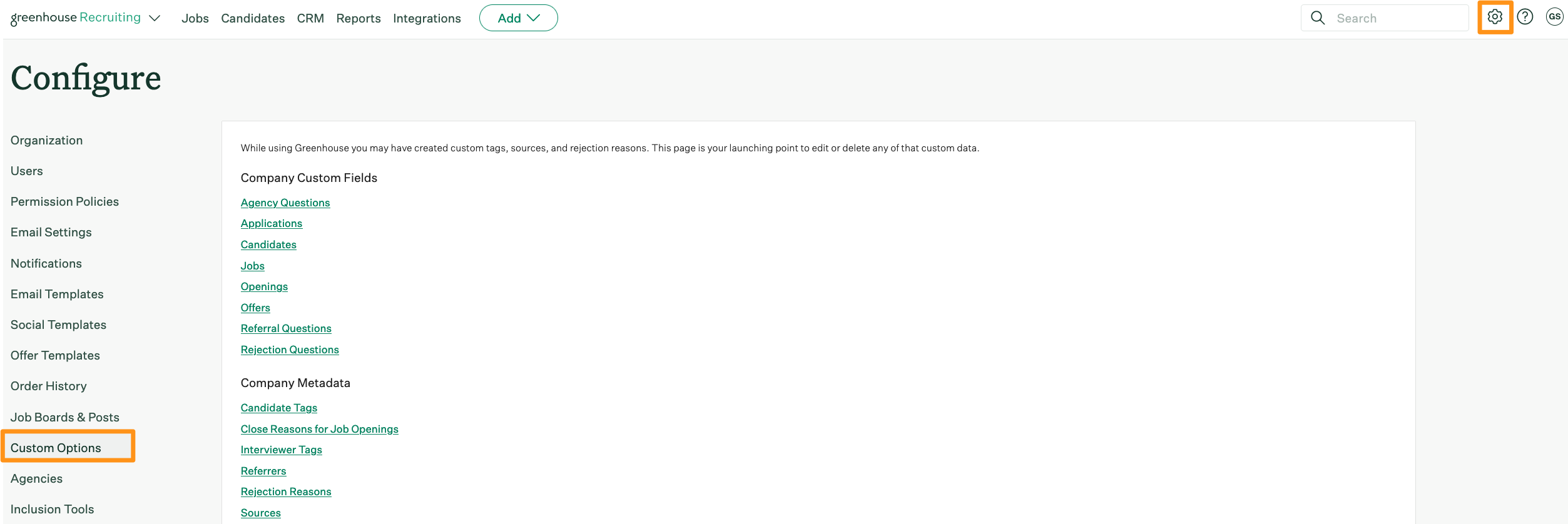 Screenshot of the custom options configure page. 
