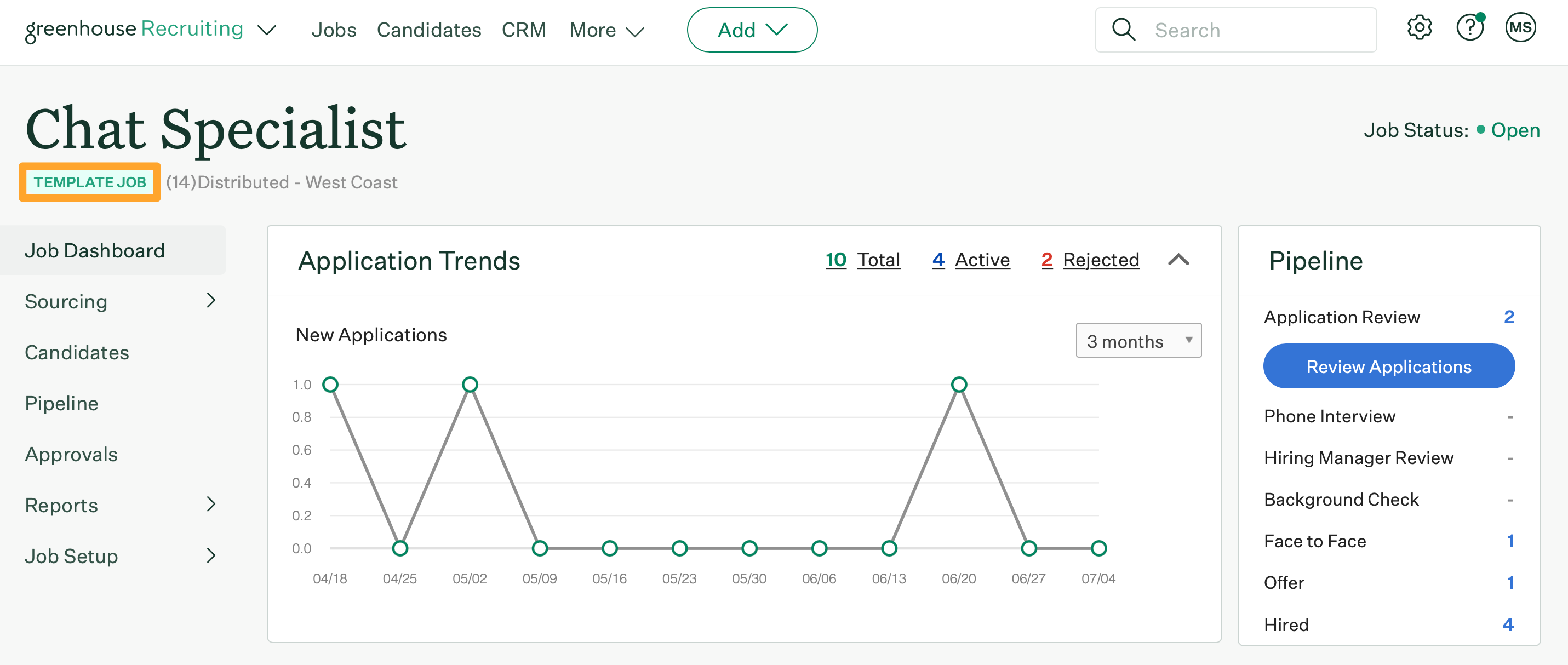 Screenshot of a template job
