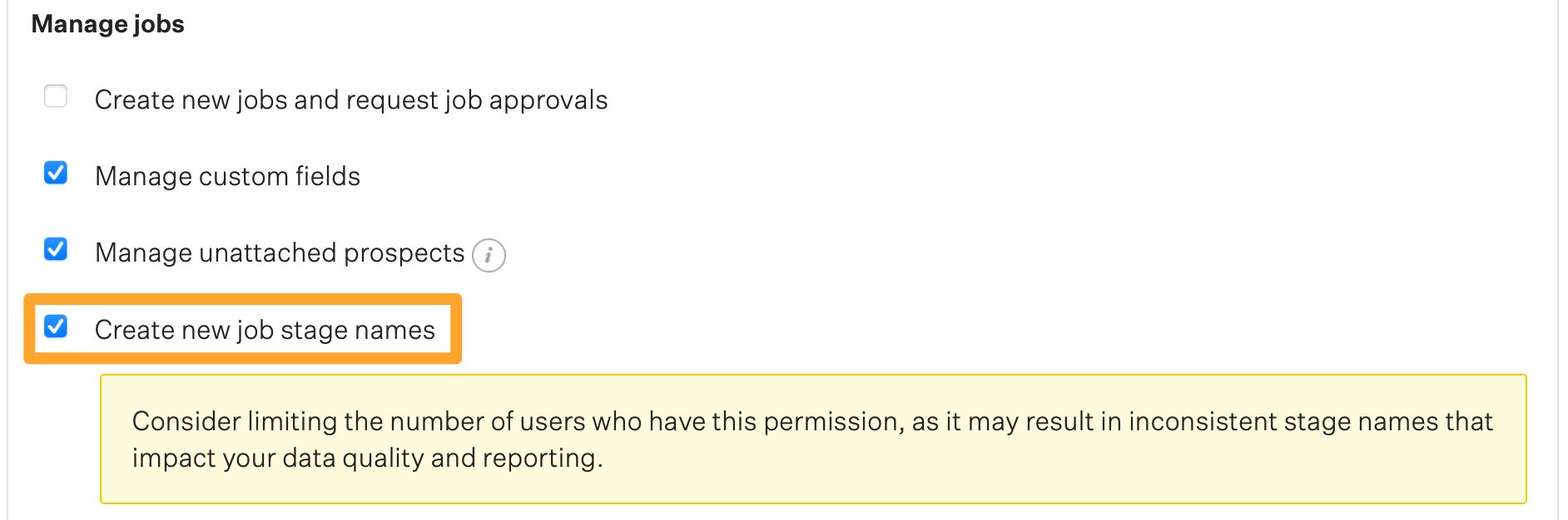 Screenshot of User-speciifc permission > Can create new job stage names