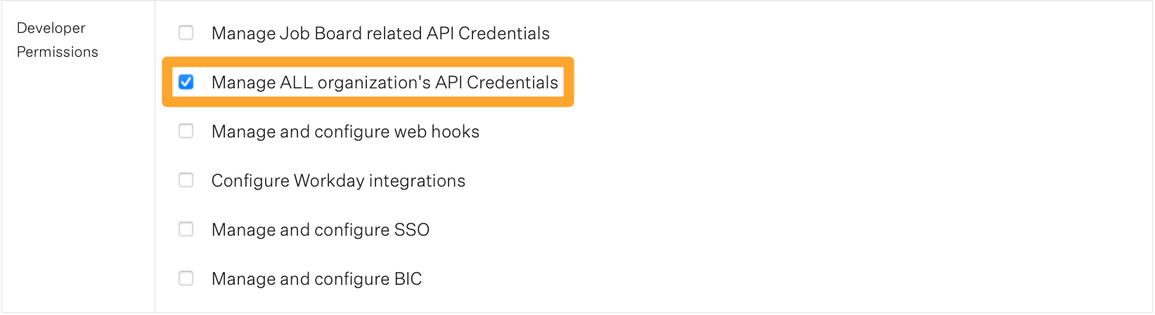 Screenshot of developer permission: Can manage ALL organization's API credentials