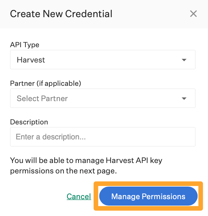 Screenshot of create new API key > Manage Permissions