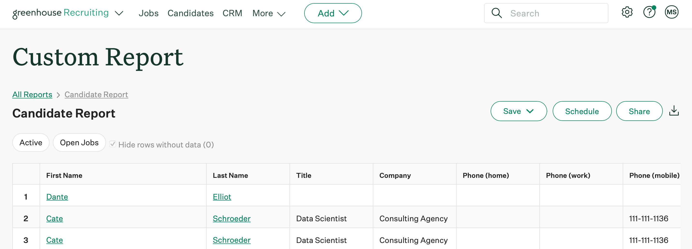 Screenshot of custom candidate report