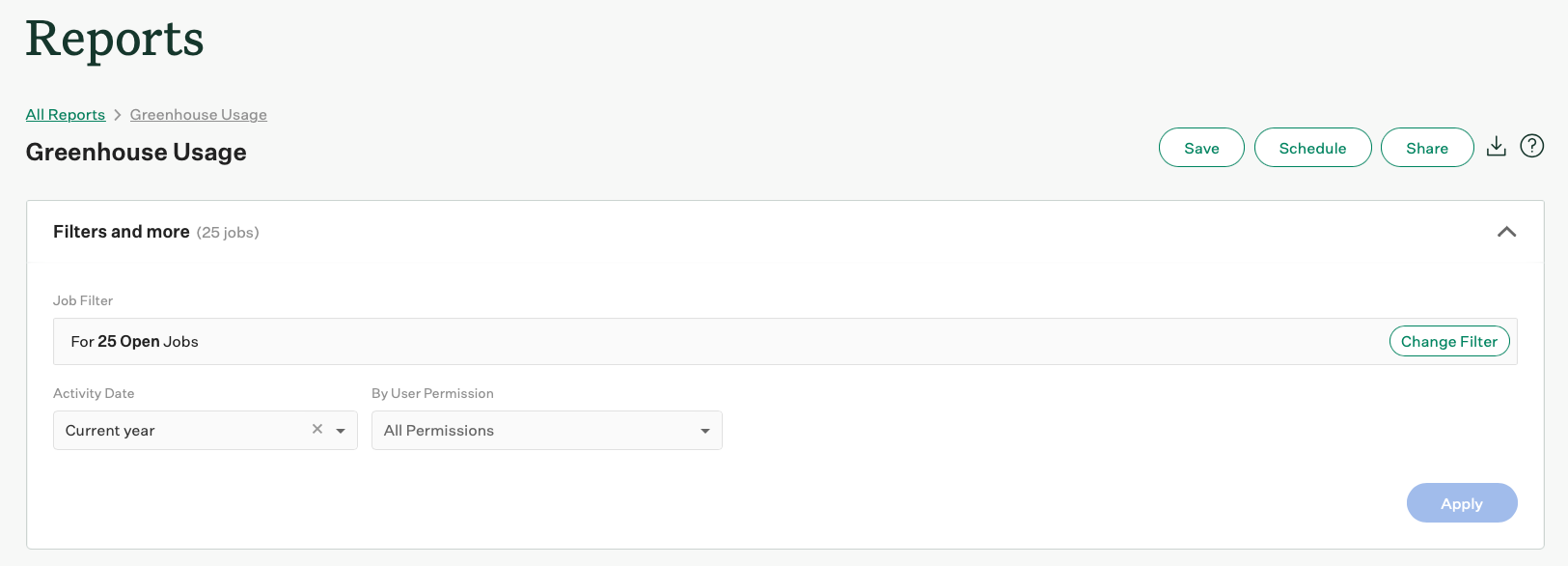Screenshot of Greenhouse usage report filters