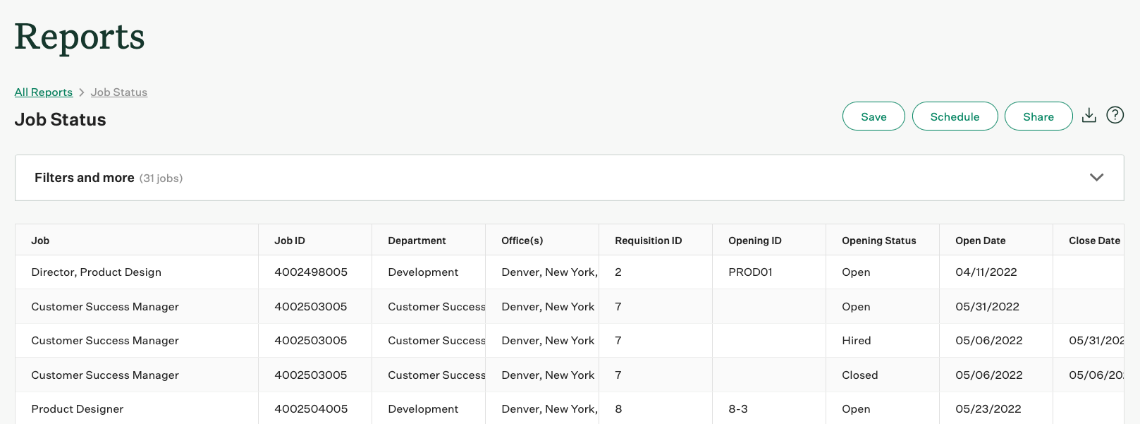 Screenshot of an example job status report