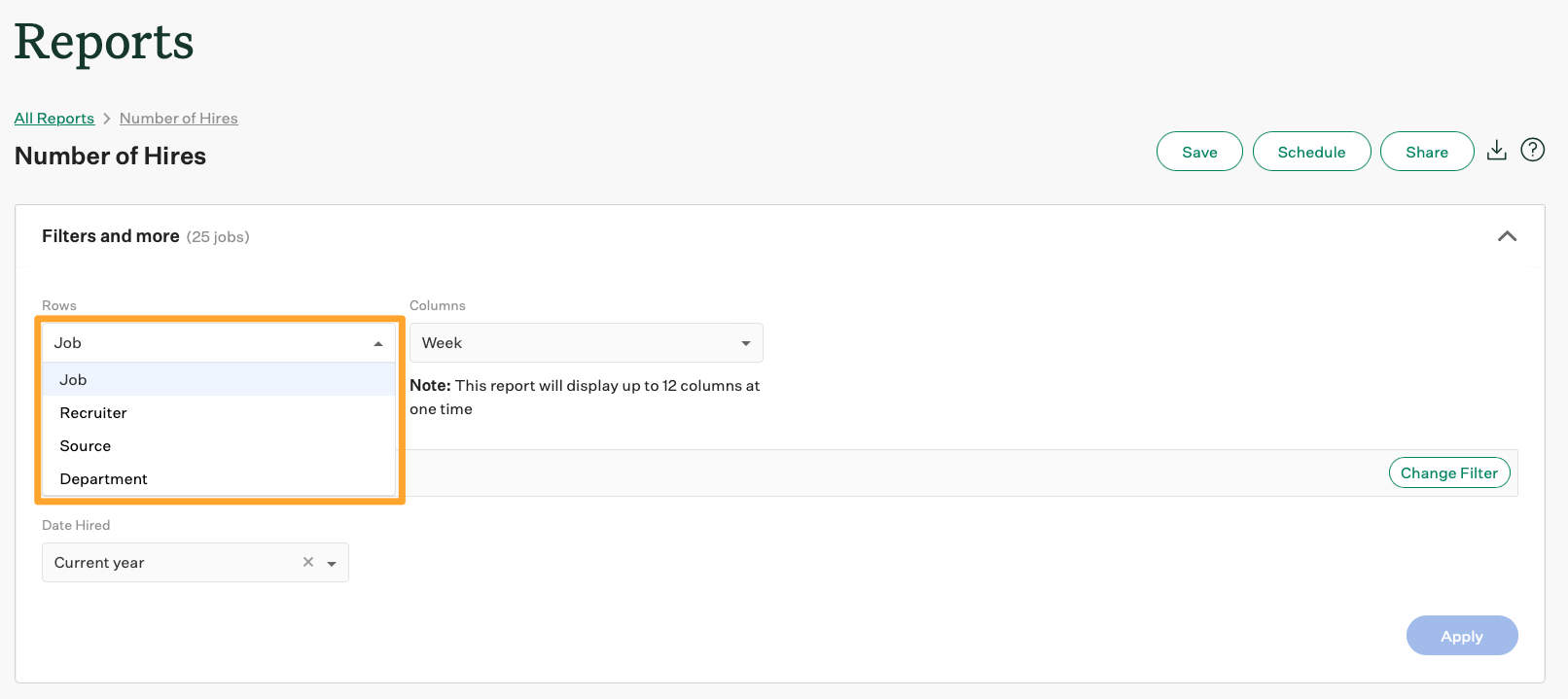 Screenshot of the number of hires report > Rows button