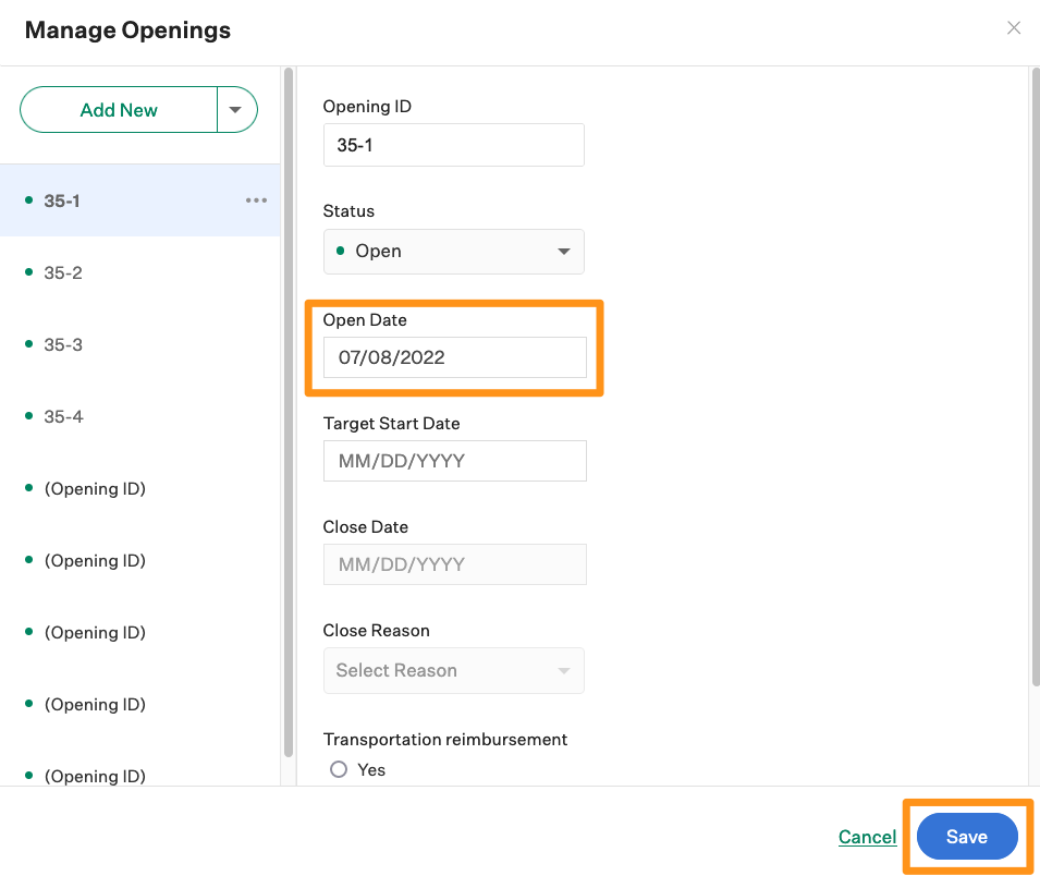Screenshot of the open date field. 