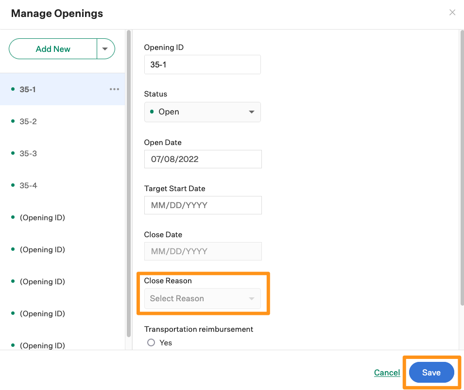 Screenshot of the close reason field. 