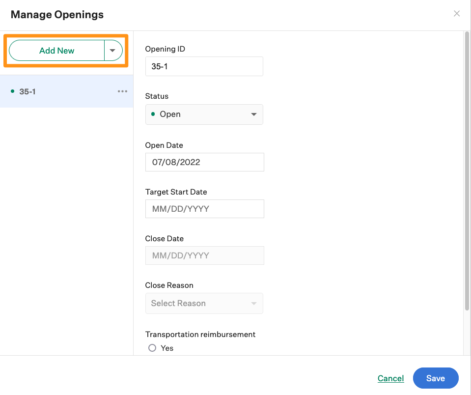 Screenshot of the add new button . 