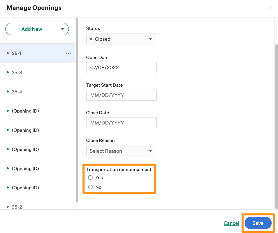 Screenshot of the custom opening field. 