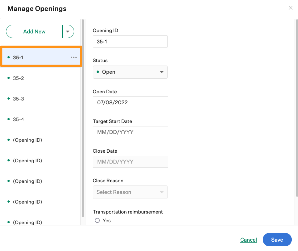 Screenshot  of  the  manage  openings  box.  