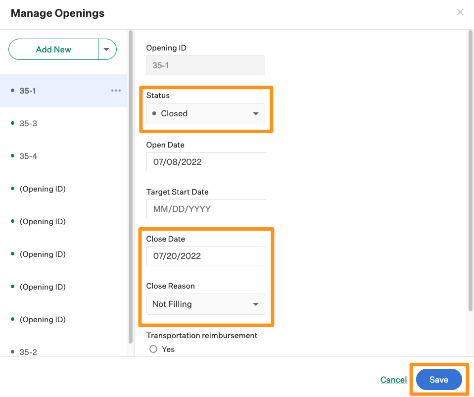 Screenshot of the manage openings dialog box. 