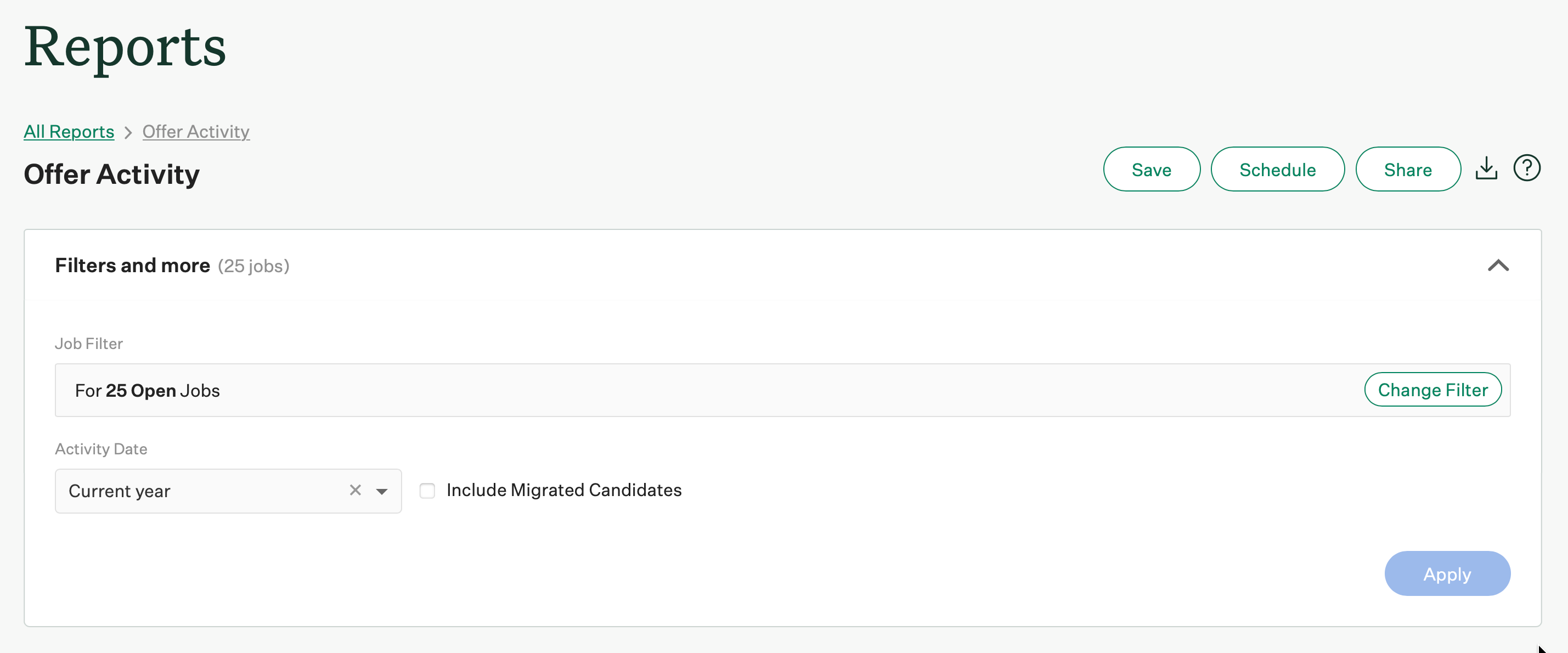 Screenshot of filters on an exmaple offer activity report