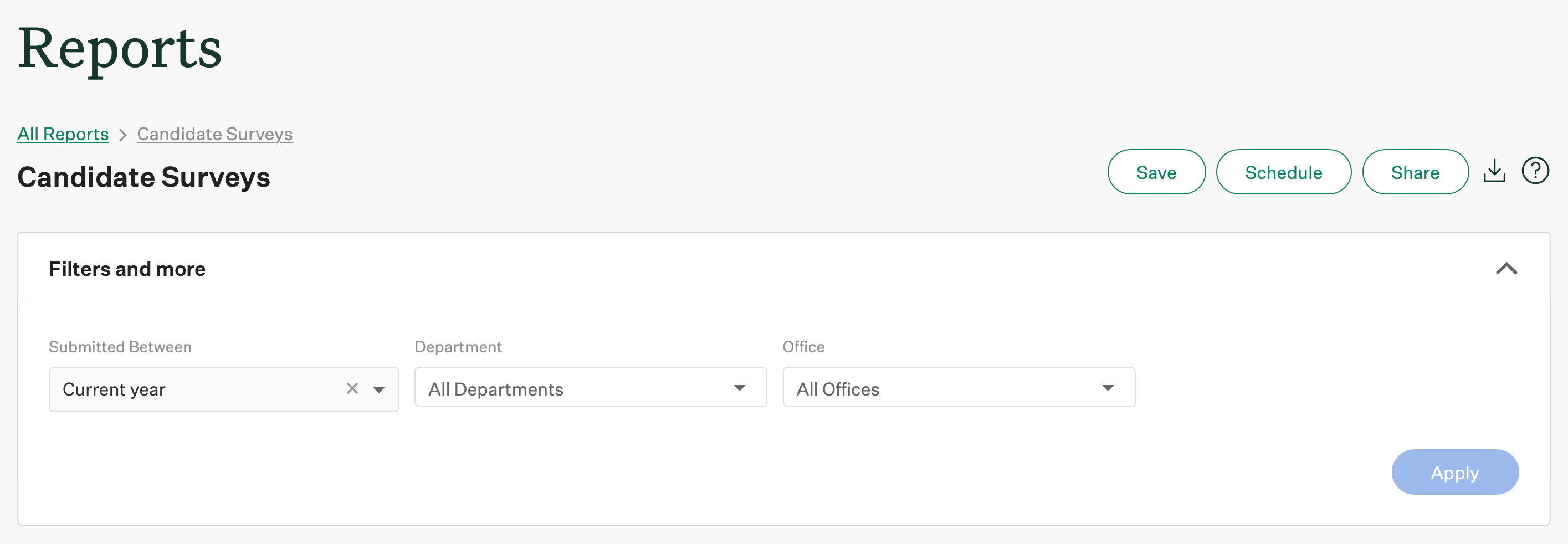 Screenshot of filters on an example candidate surveys report