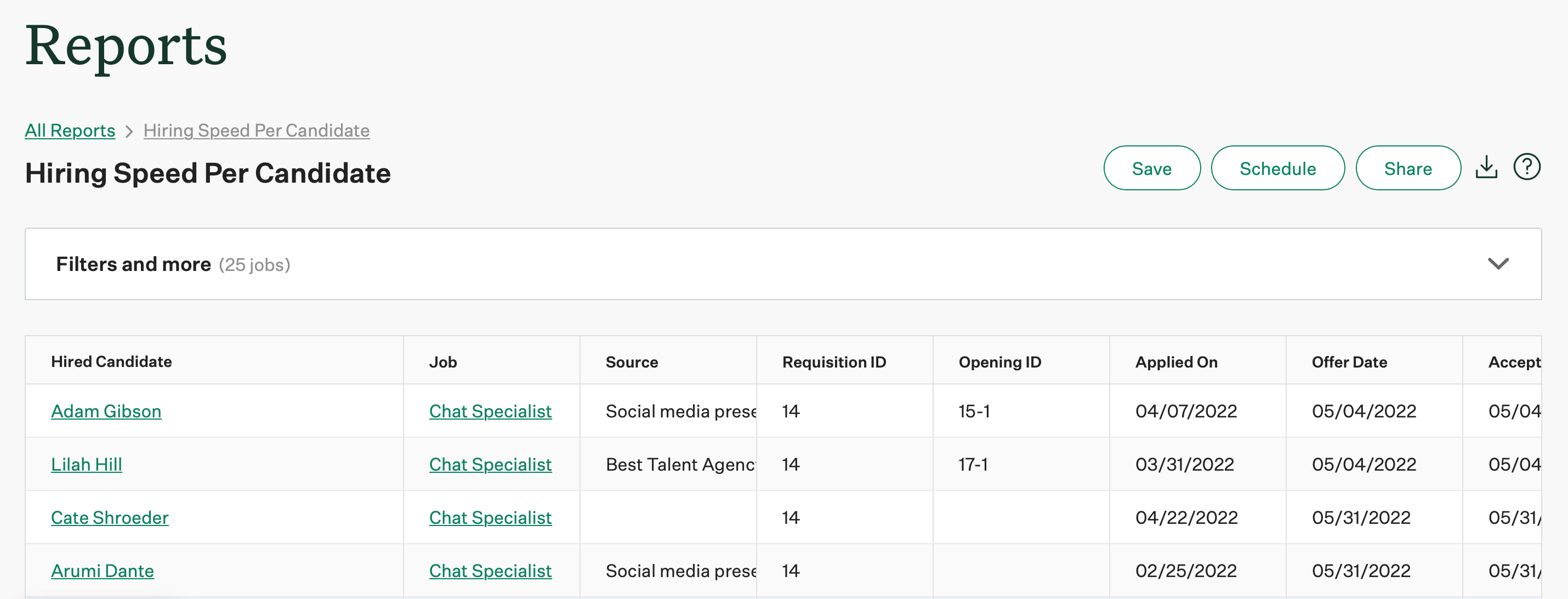 Screenshot of an example hiring speed per candidate report