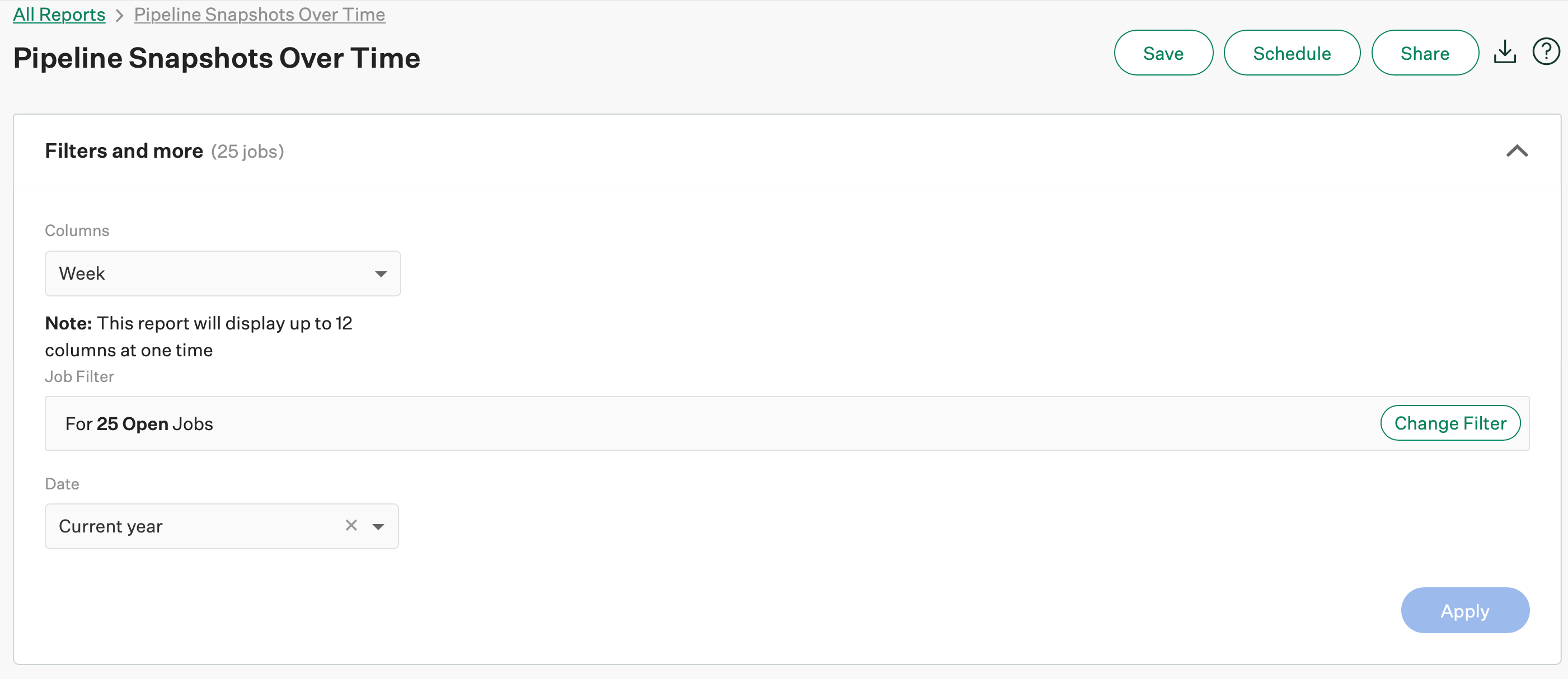Screenshot of filters on an example pipeline snapshots over time report