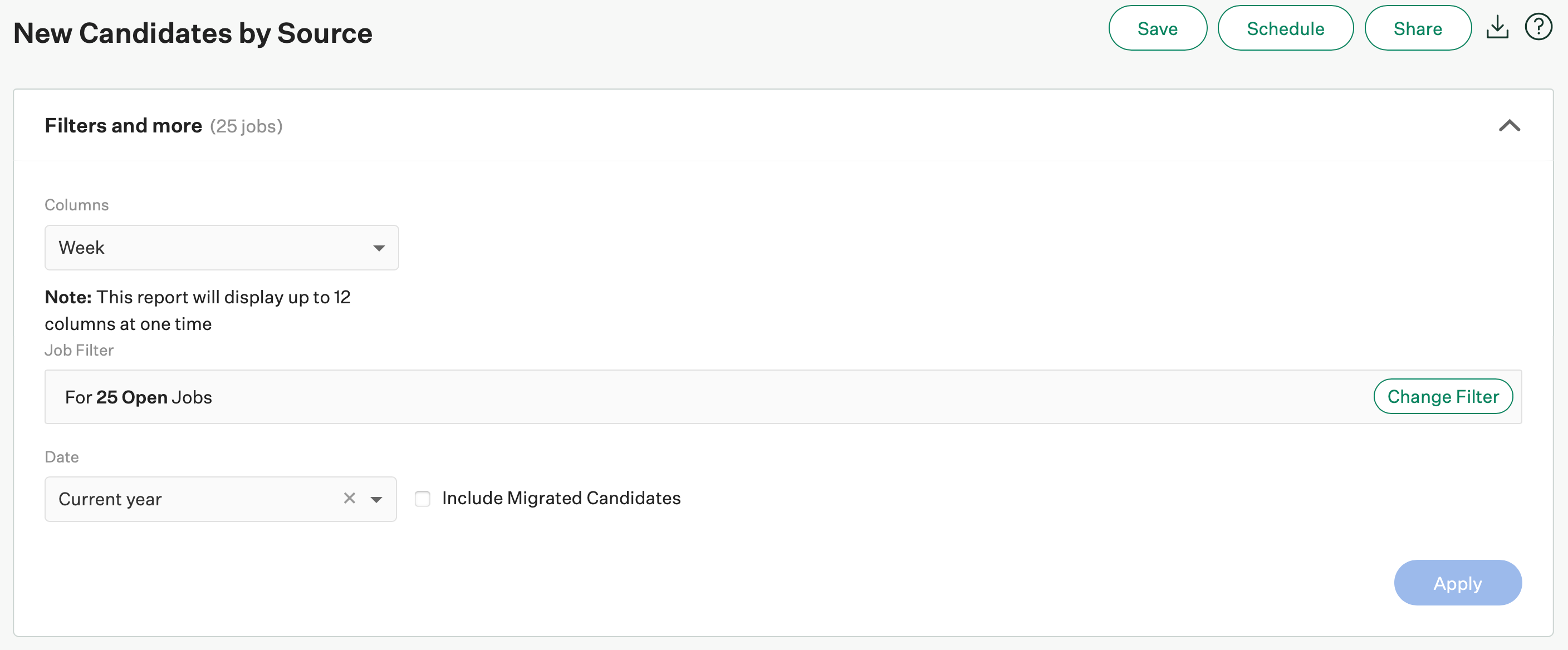 Screenshot of filters on a new candidates by source report