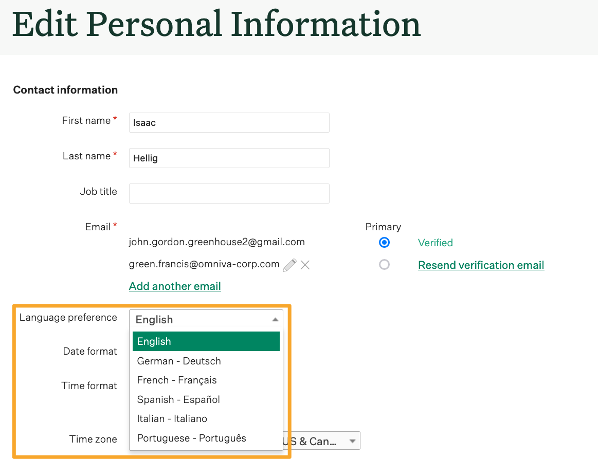 Screenshot of language preference field 