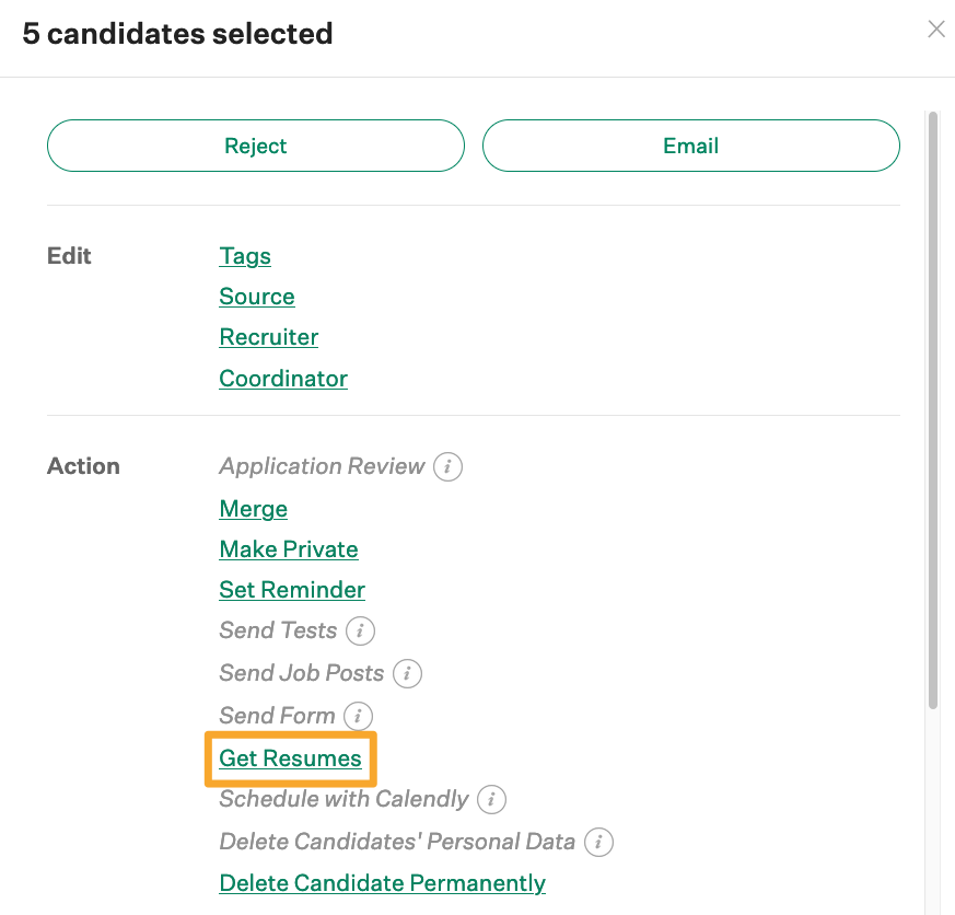 Screenshot of get resumes button 
