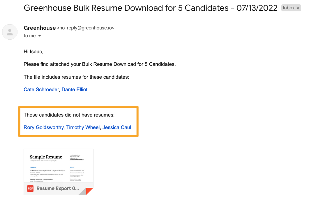Screenshot of bulk resume email without resumes