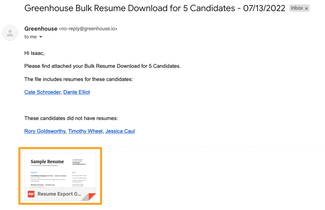 Screenshot of bulk resume email 