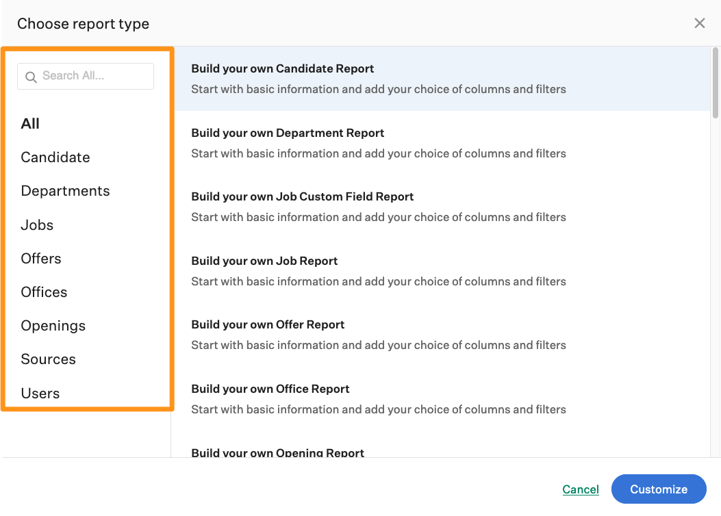 Screenshot of the choose report type box