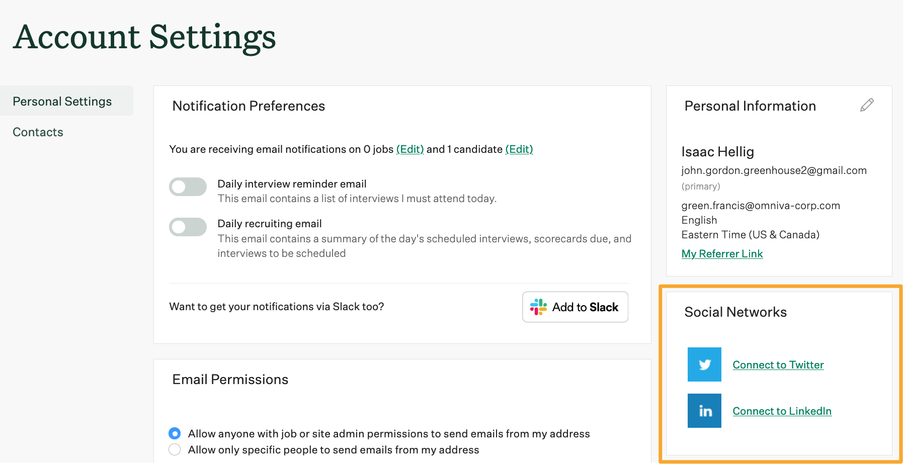 Screenshot of social networks panel on account settings 