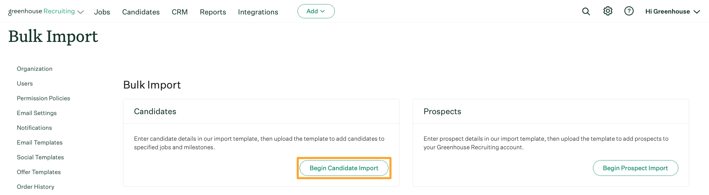 Screenshot of begin candidate import button