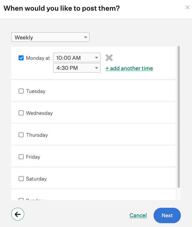 Screenshot of scheduling posts time blocks 