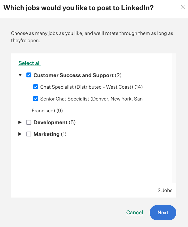 Screenshot of choosing jobs for scheduled posts 