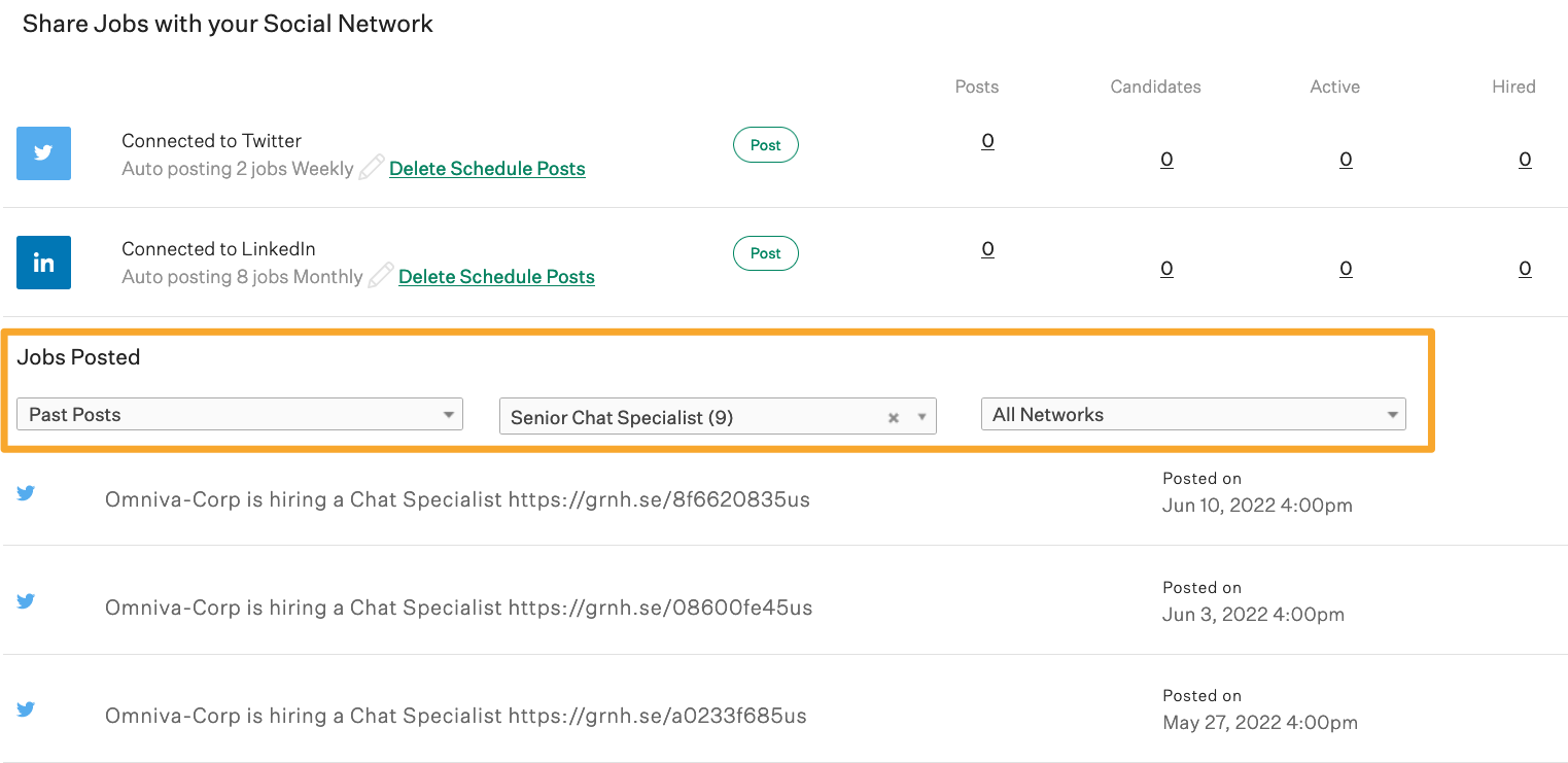 Job dashboard social filters 