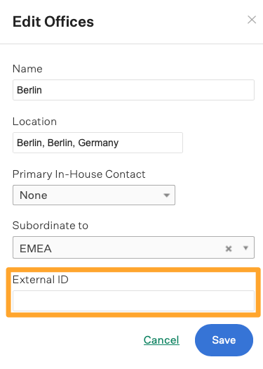 Screenshot of an office external ID