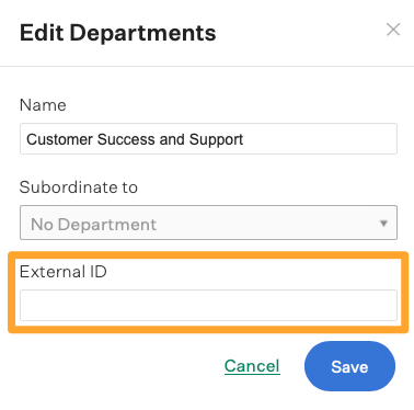 Screenshot of a department external ID