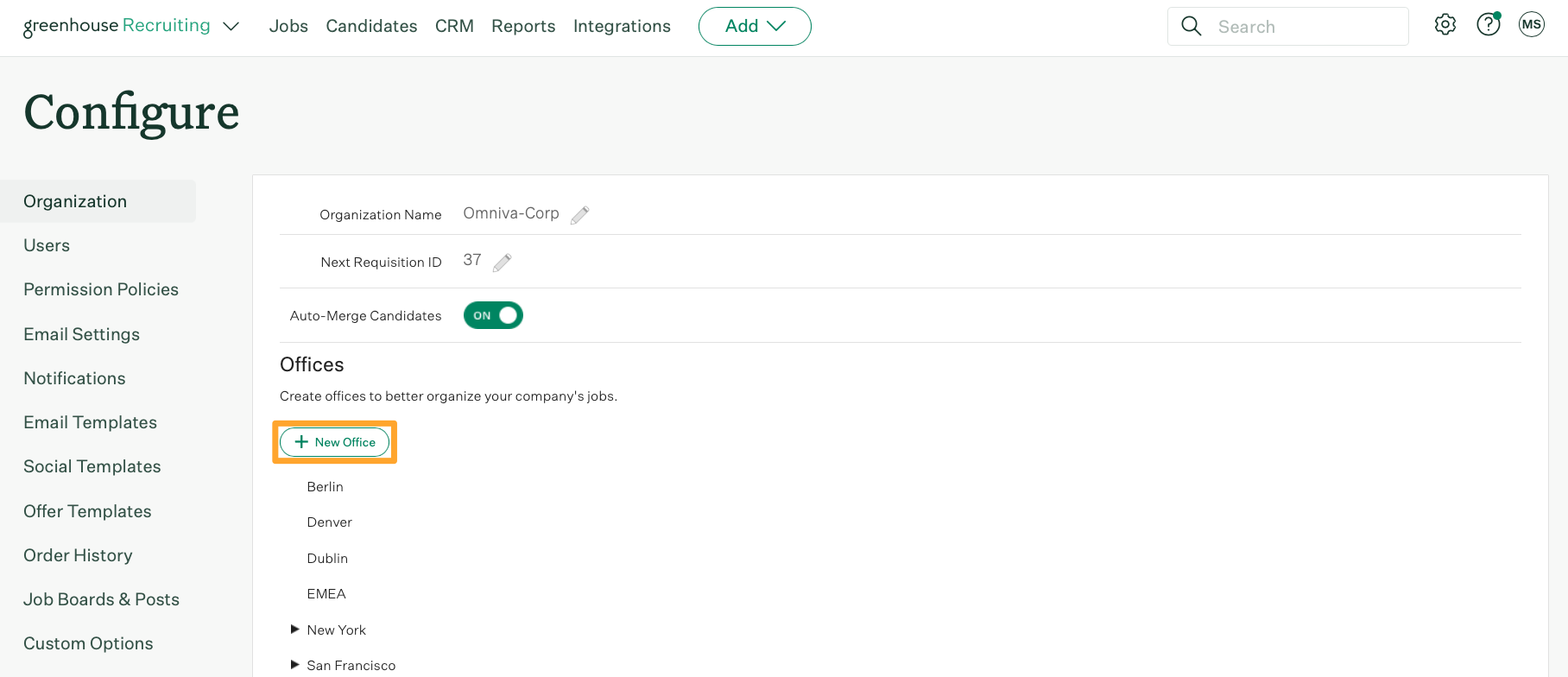 Screenshot of create new office button