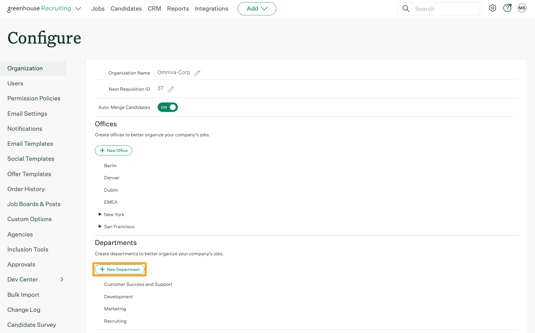 Screenshot of create new department