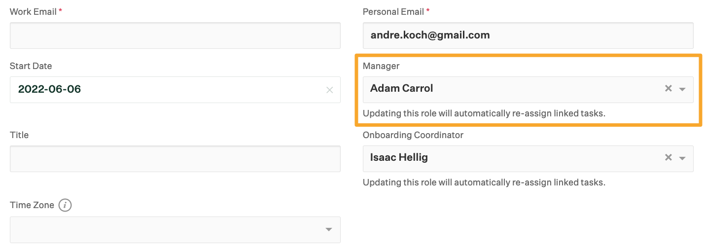 Manager field highlighted and filled out when onboarding a pending hire