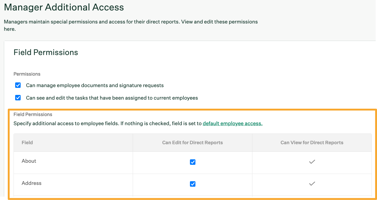 Screenshot of manager field permissions 