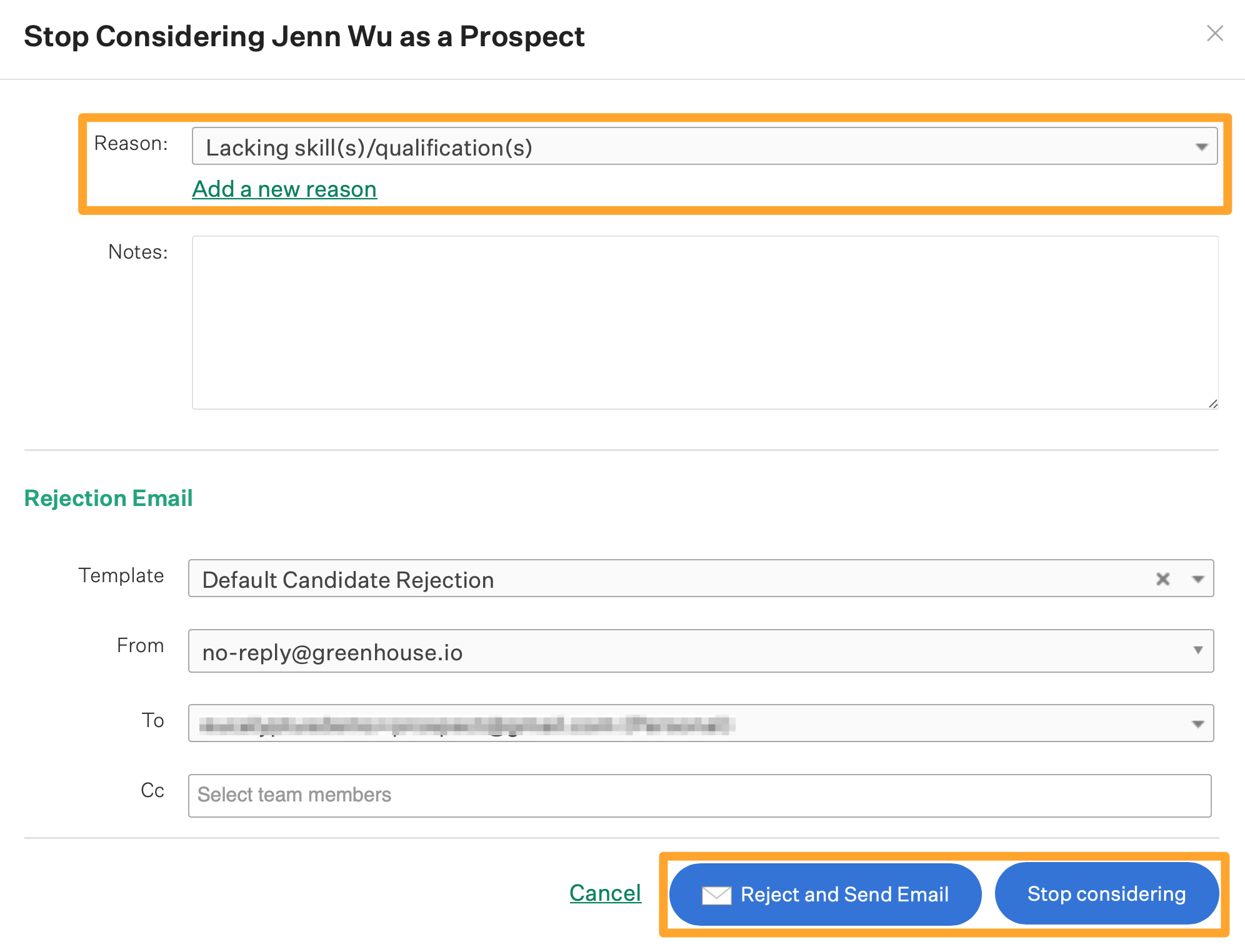 Screenshot of stop considering as a prospect prompt